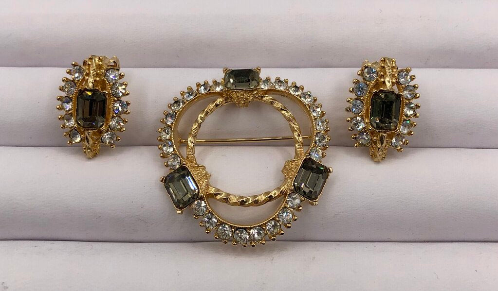 Vintage 1950’s Rhinestone Brooch & Earring Set /b