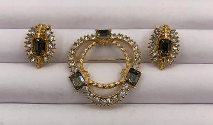 Vintage 1950’s Rhinestone Brooch & Earring Set /b