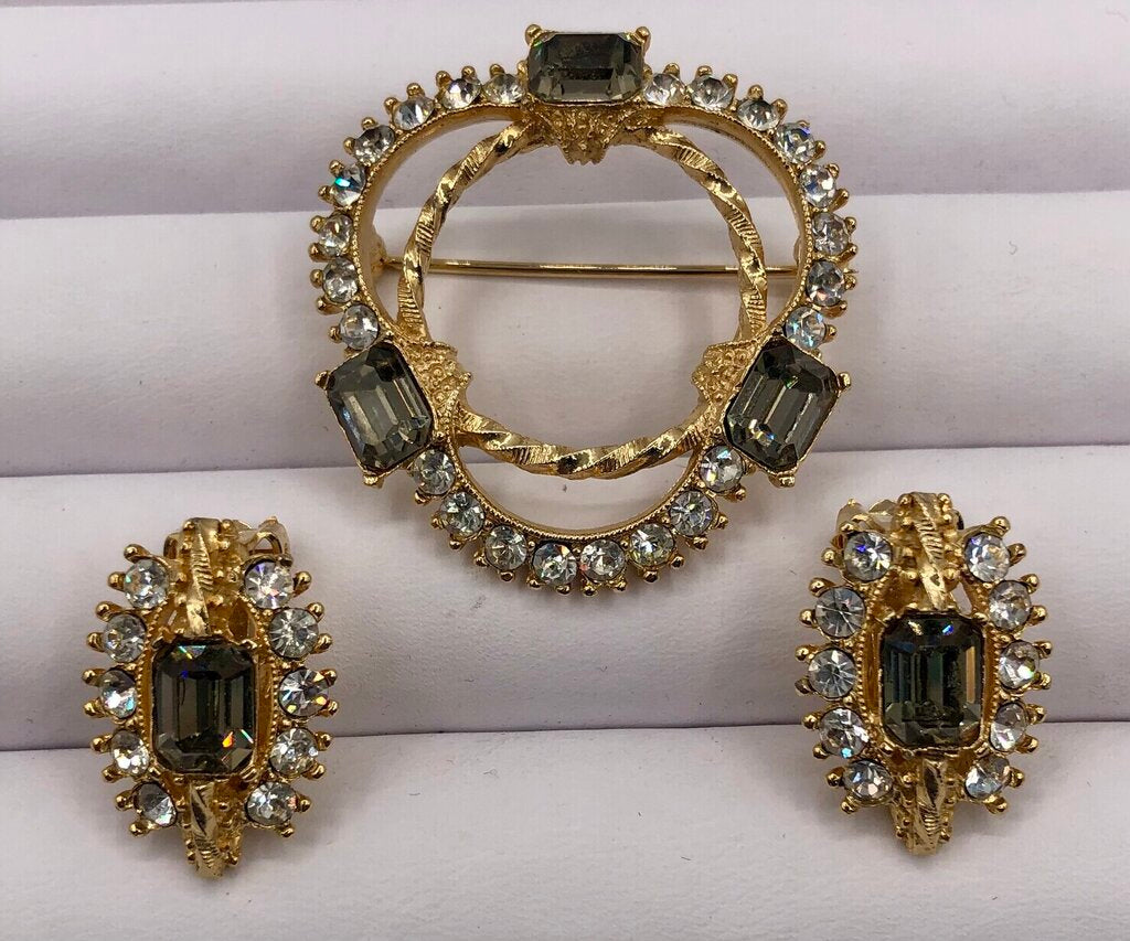 Vintage 1950’s Rhinestone Brooch & Earring Set /b