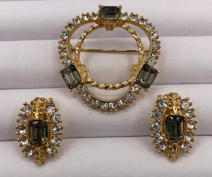 Vintage 1950’s Rhinestone Brooch & Earring Set /b