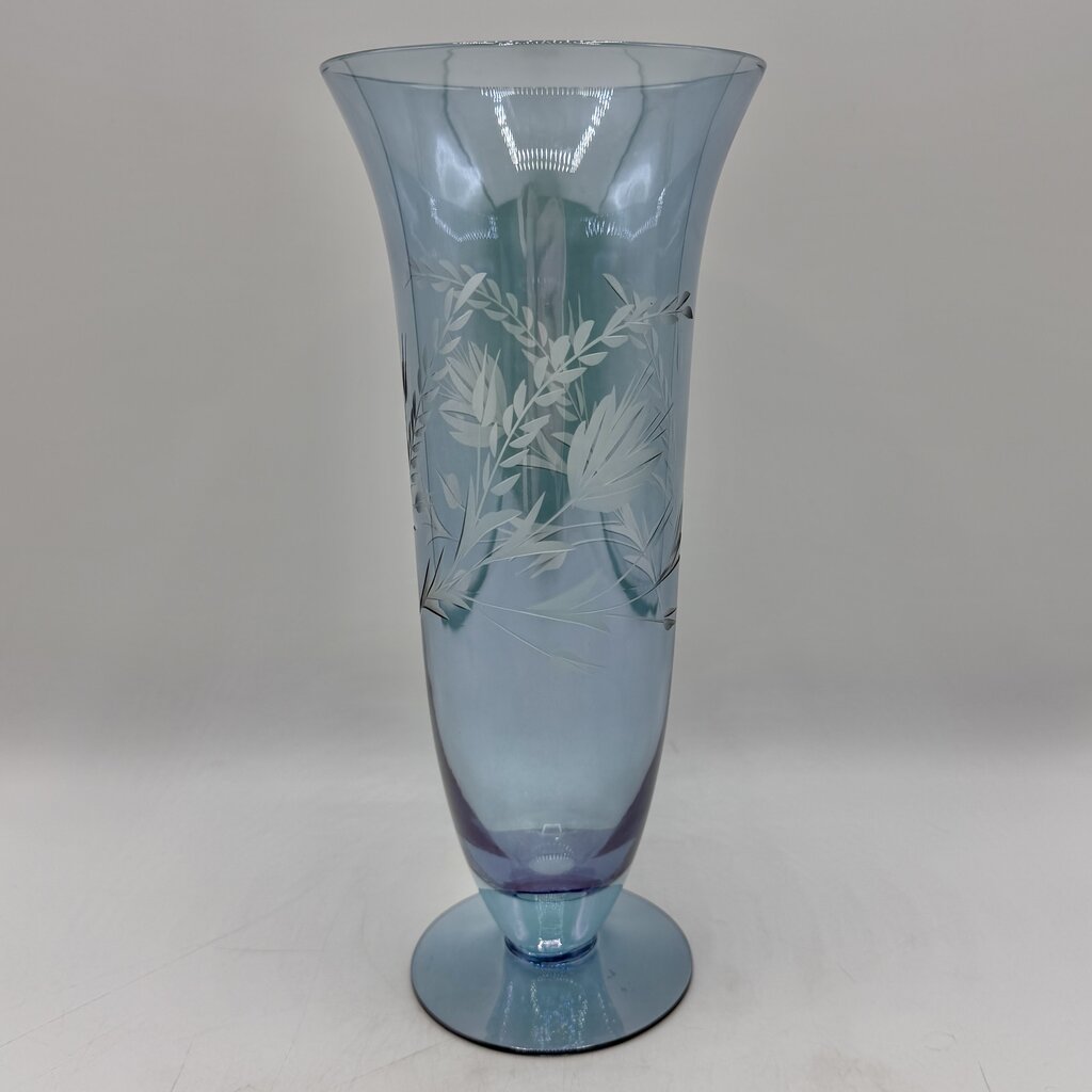 Vintage Blue Iridescent Glass Floral Etched Footed 10” Vase /cb