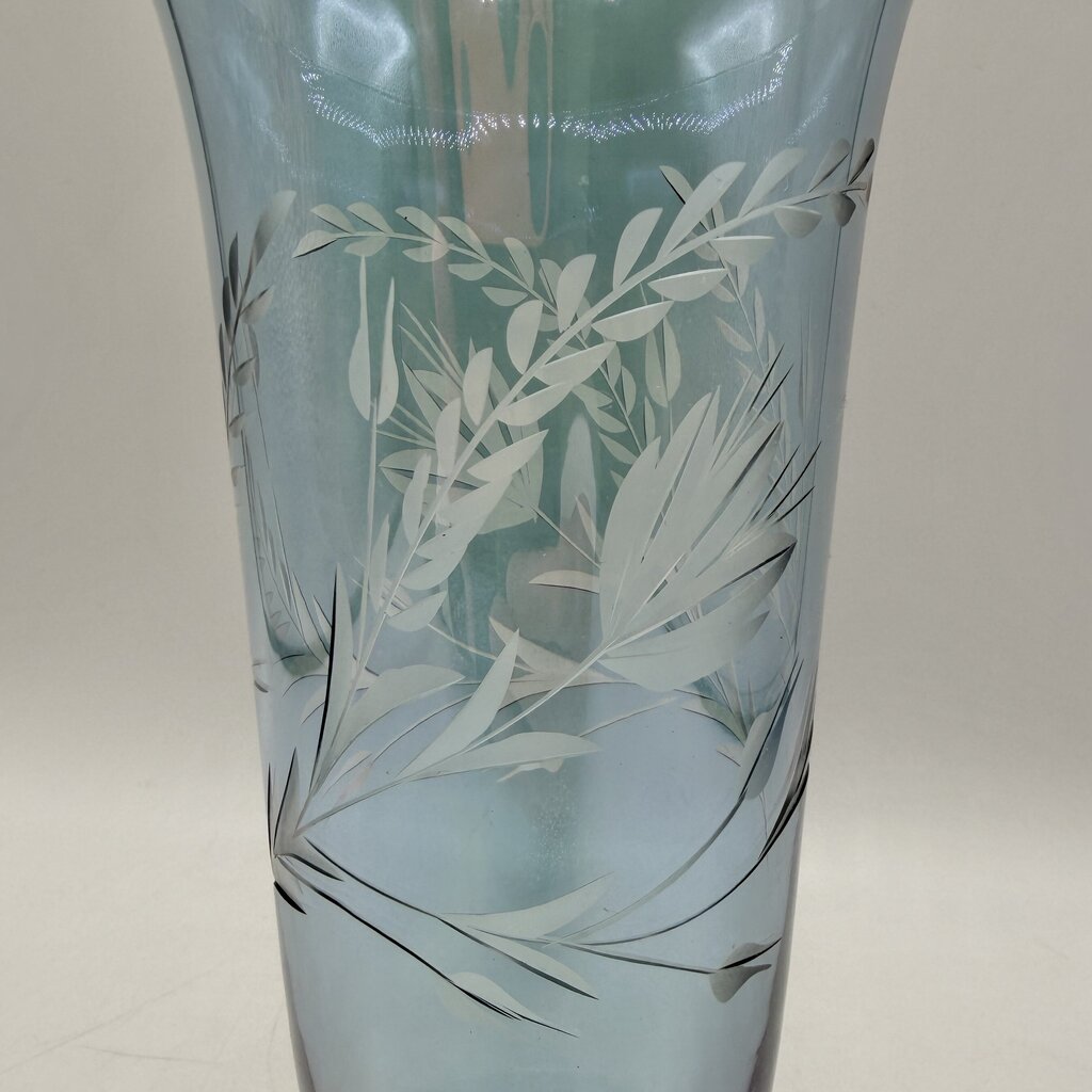 Vintage Blue Iridescent Glass Floral Etched Footed 10” Vase /cb