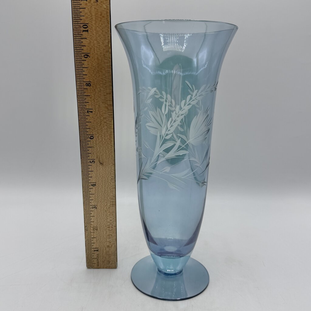 Vintage Blue Iridescent Glass Floral Etched Footed 10” Vase /cb