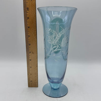 Vintage Blue Iridescent Glass Floral Etched Footed 10” Vase /cb