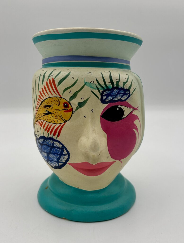 Vtg. Hand Painted Mexican Head Vase/Planter /j