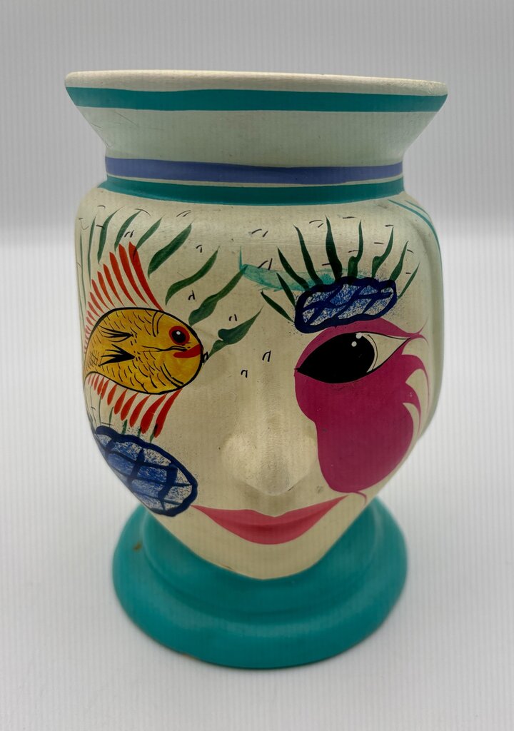Vtg. Hand Painted Mexican Head Vase/Planter /j