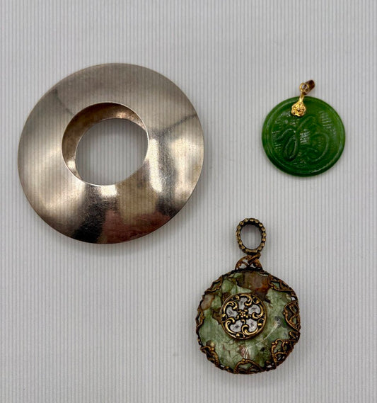 Set of 3 Pendants - Carved Jade, Mosaic Jade Stone, Silver - Toned Disc (Pendants Only) /j