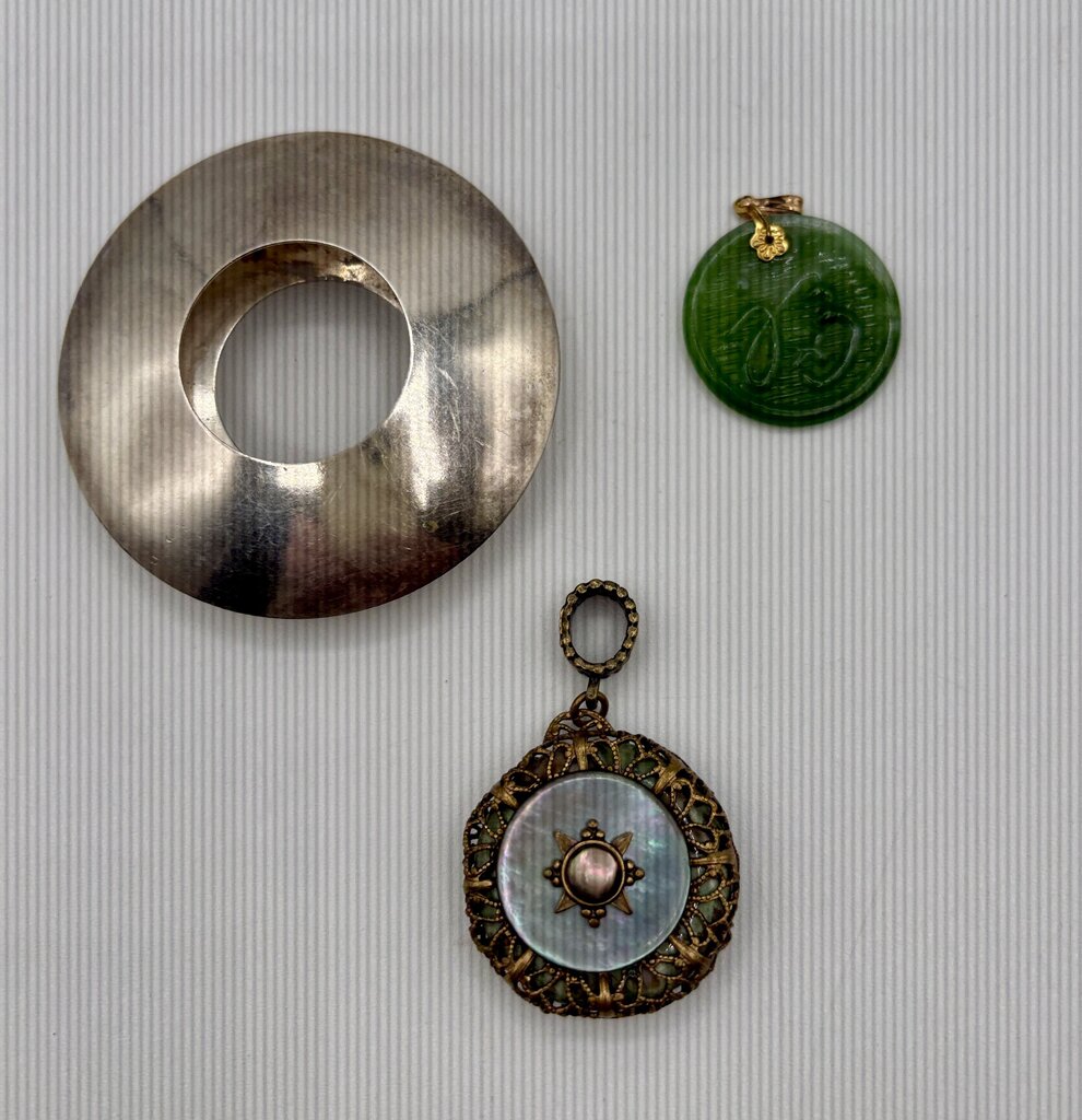 Set of 3 Pendants - Carved Jade, Mosaic Jade Stone, Silver - Toned Disc (Pendants Only) /j