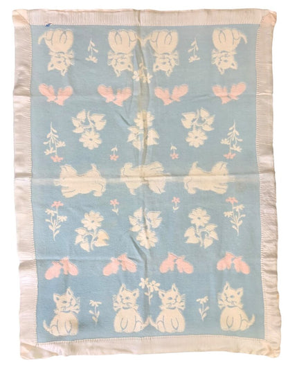 2 Vintage Baby Blankets 100% Cotton Kittens & Bears /b