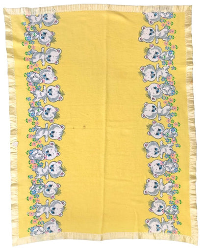 2 Vintage Baby Blankets 100% Cotton Kittens & Bears /b
