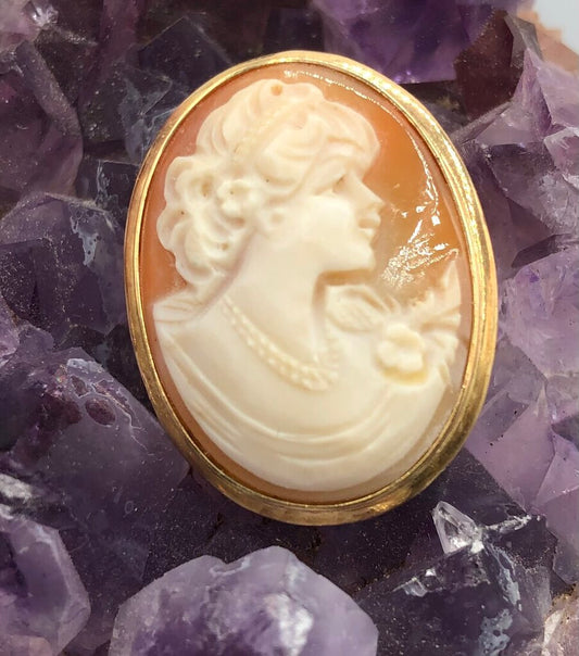 Vintage 585 14K Yellow Gold & Shell Cameo Pendant Brooch /b