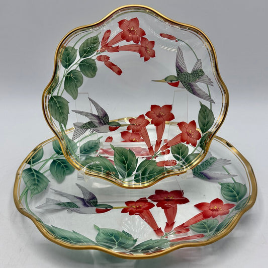 Vintage Lefton 1991 Cake Plate 8 3/4” & Candy/Nut Dish 6” Glass Hummingbirds & Flowers Gold Rim
