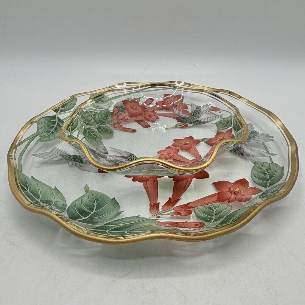 Vintage Lefton 1991 Cake Plate 8 3/4” & Candy/Nut Dish 6” Glass Hummingbirds & Flowers Gold Rim