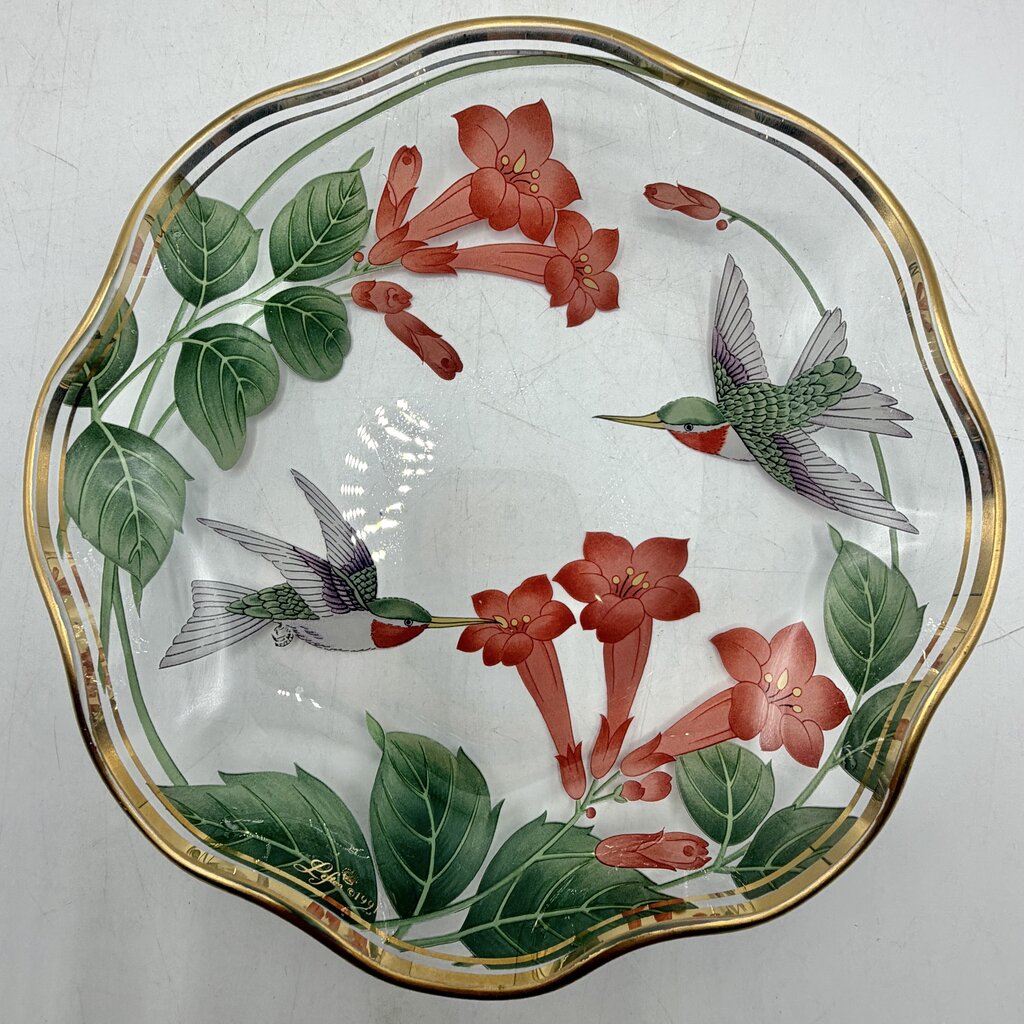 Vintage Lefton 1991 Cake Plate 8 3/4” & Candy/Nut Dish 6” Glass Hummingbirds & Flowers Gold Rim