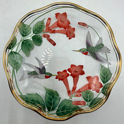 Vintage Lefton 1991 Cake Plate 8 3/4” & Candy/Nut Dish 6” Glass Hummingbirds & Flowers Gold Rim