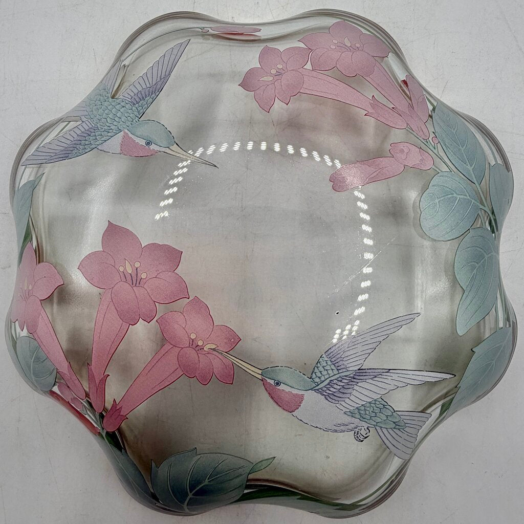 Vintage Lefton 1991 Cake Plate 8 3/4” & Candy/Nut Dish 6” Glass Hummingbirds & Flowers Gold Rim