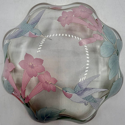 Vintage Lefton 1991 Cake Plate 8 3/4” & Candy/Nut Dish 6” Glass Hummingbirds & Flowers Gold Rim