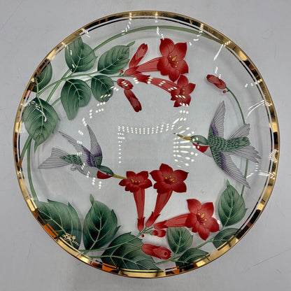 Vintage Lefton 1991 Cake Plate 8 3/4” & Candy/Nut Dish 6” Glass Hummingbirds & Flowers Gold Rim