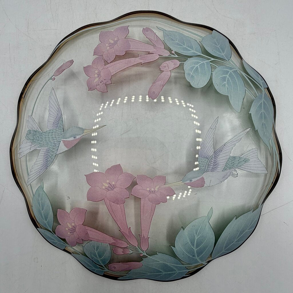 Vintage Lefton 1991 Cake Plate 8 3/4” & Candy/Nut Dish 6” Glass Hummingbirds & Flowers Gold Rim