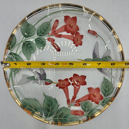 Vintage Lefton 1991 Cake Plate 8 3/4” & Candy/Nut Dish 6” Glass Hummingbirds & Flowers Gold Rim
