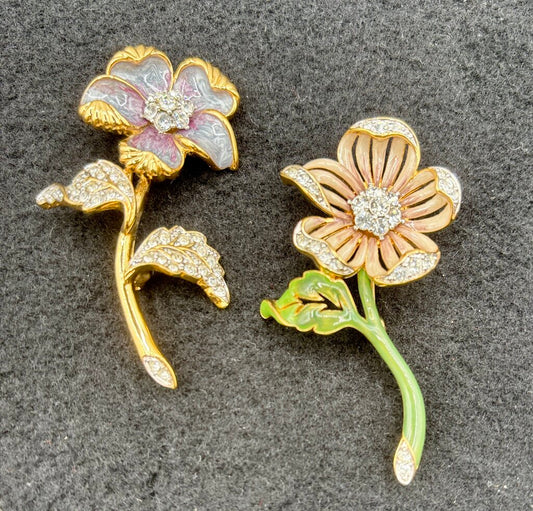 Pair of Vtg. Nolan Miller Brooches Enamel and Crystal Flower /j