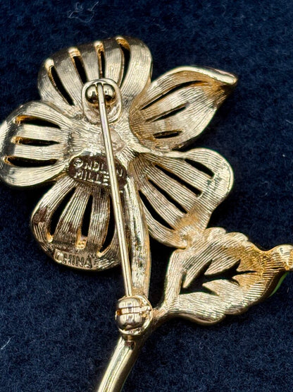 Pair of Vtg. Nolan Miller Brooches Enamel and Crystal Flower /j