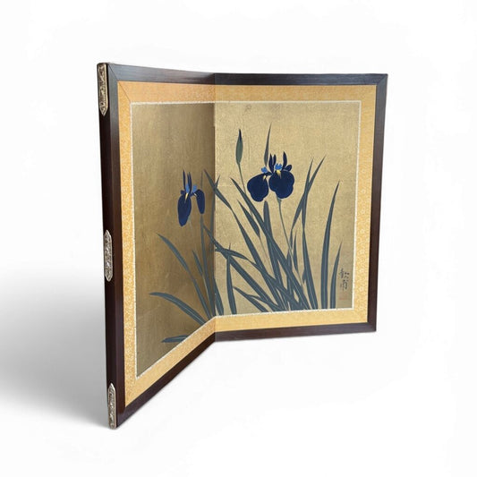 VTG Japanese Byobu 2 Paneled Iris Folding Screen