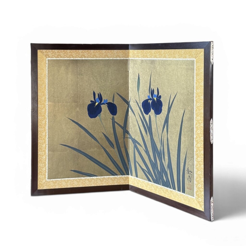 VTG Japanese Byobu 2 Paneled Iris Folding Screen