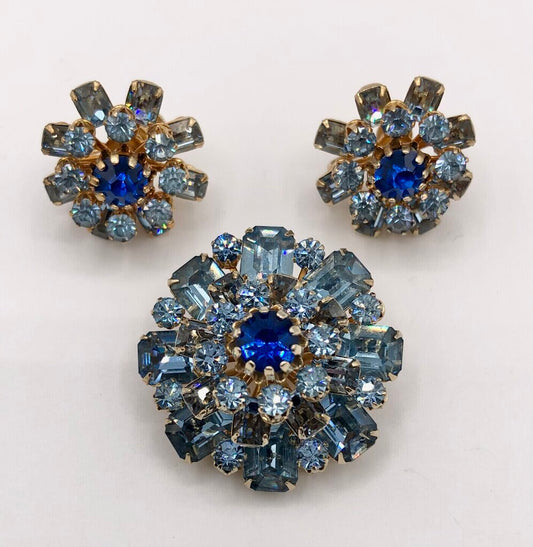 Brilliant 1950’s CORO Earrings & Brooch Set w/ Blue Rhinestones /b
