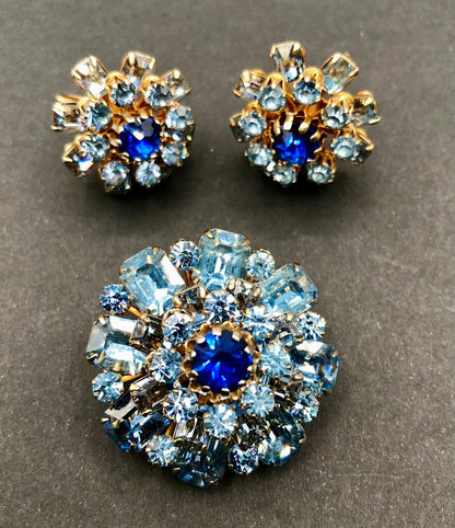 Brilliant 1950’s CORO Earrings & Brooch Set w/ Blue Rhinestones /b
