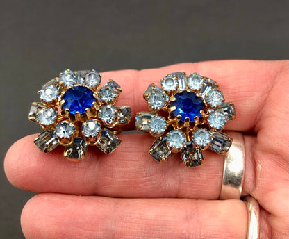 Brilliant 1950’s CORO Earrings & Brooch Set w/ Blue Rhinestones /b