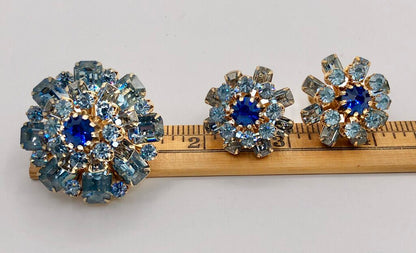 Brilliant 1950’s CORO Earrings & Brooch Set w/ Blue Rhinestones /b
