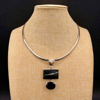 925 Sterling Silver White Buffalo Turquoise & Obsidian Pendant Necklace /b
