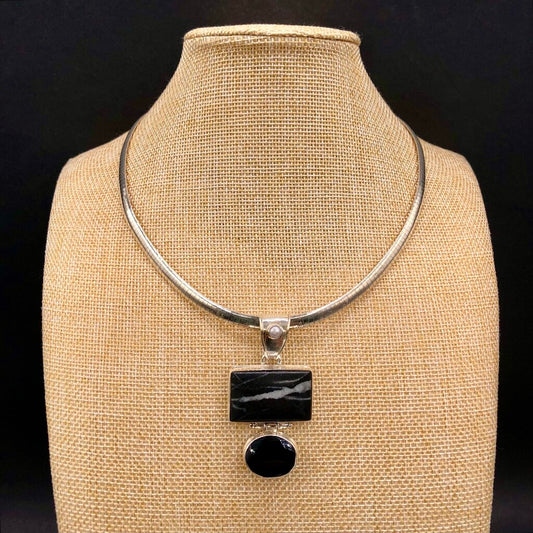 925 Sterling Silver White Buffalo Turquoise & Obsidian Pendant Necklace /b