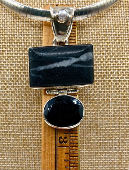 925 Sterling Silver White Buffalo Turquoise & Obsidian Pendant Necklace /b