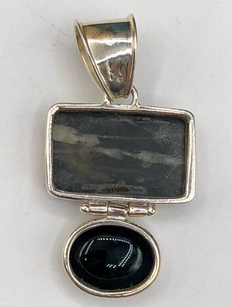 925 Sterling Silver White Buffalo Turquoise & Obsidian Pendant Necklace /b