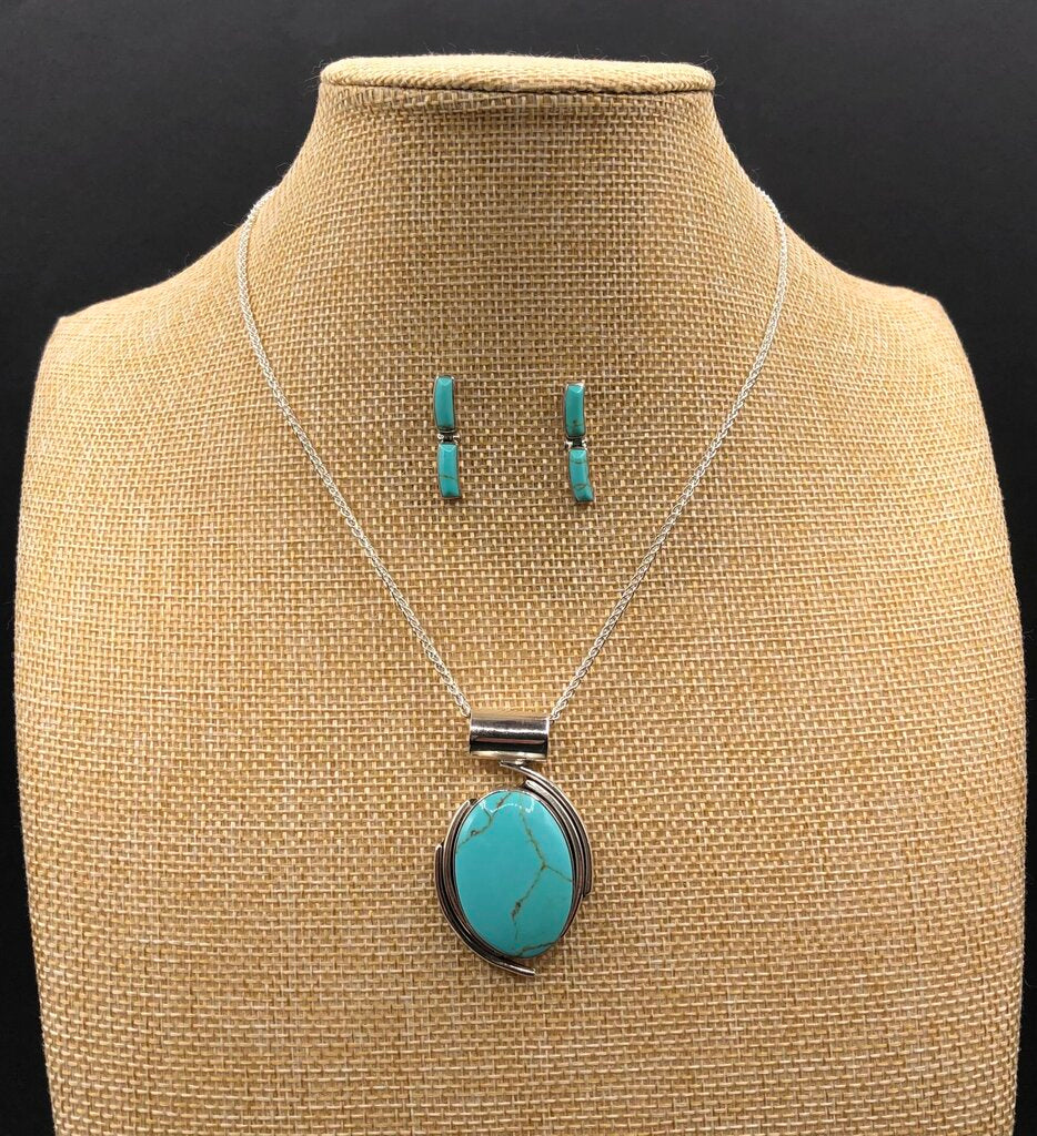 Taxco 950 Silver & Turquoise Pendant Necklace & Earring Set /b