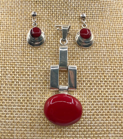 925 Sterling & Red Jasper Pendant & Earring Set /b