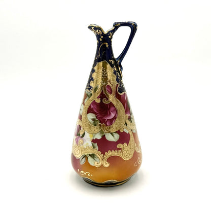 Cobalt And Pink Floral Hand Painted Gold Luster Nippon Style Ewer
