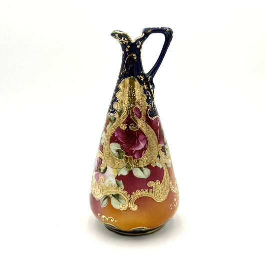 Cobalt And Pink Floral Hand Painted Gold Luster Nippon Style Ewer