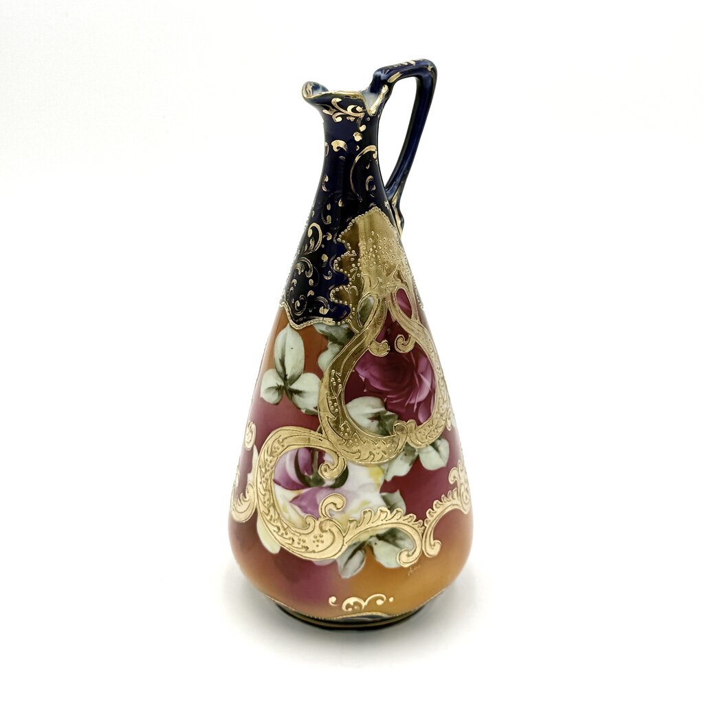Cobalt And Pink Floral Hand Painted Gold Luster Nippon Style Ewer