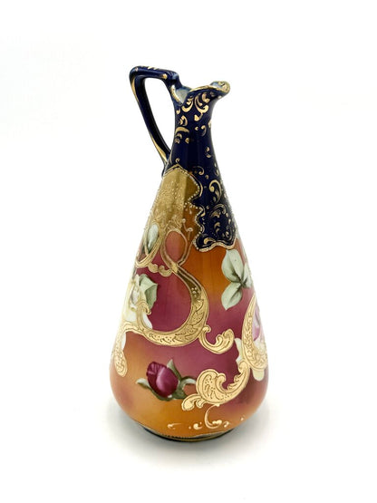 Cobalt And Pink Floral Hand Painted Gold Luster Nippon Style Ewer