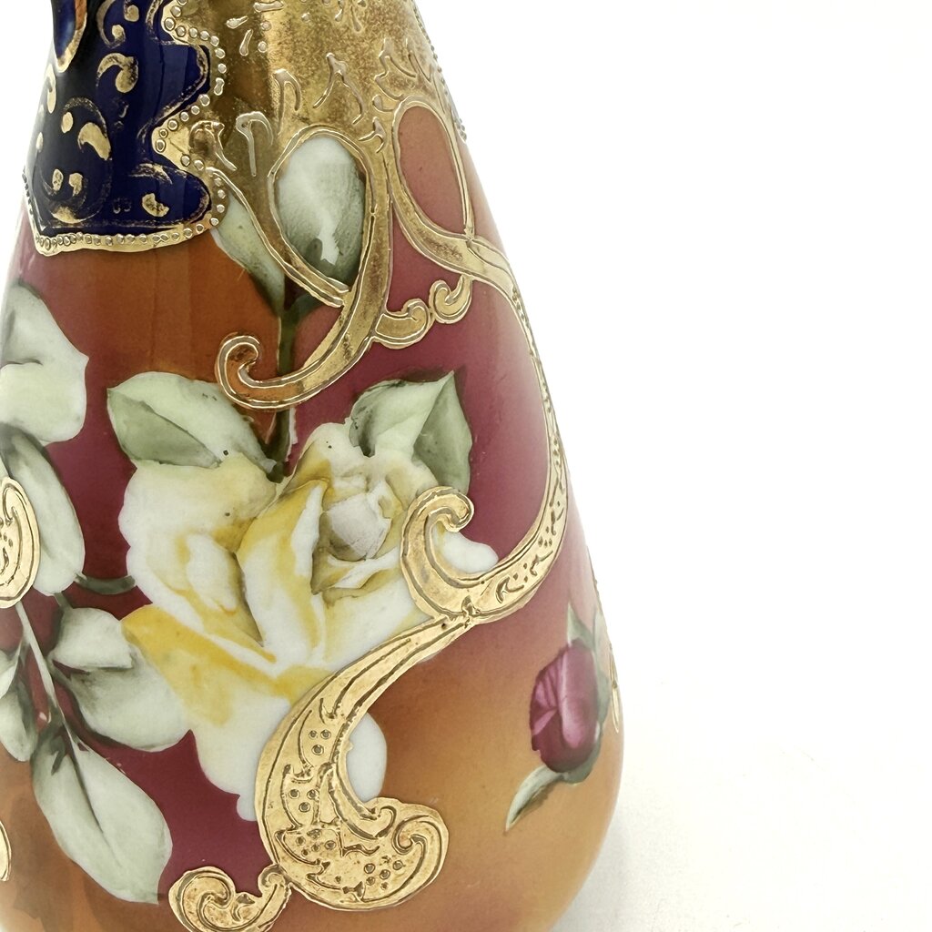 Cobalt And Pink Floral Hand Painted Gold Luster Nippon Style Ewer
