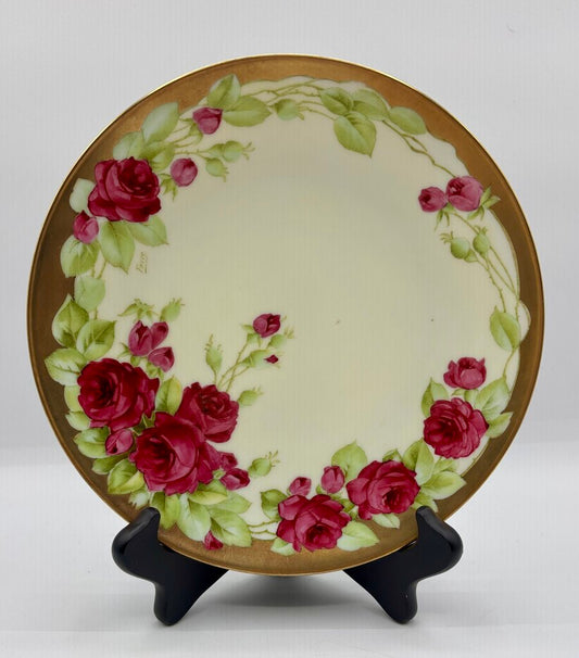 Vtg. Tirschenreuth Bavaria Pink Roses Gold Trim Cabinet Plate Signed /j
