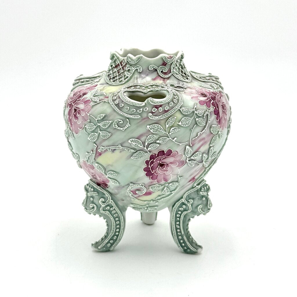 Nippon Moriage Style Mint Green And Pink Floral Tri Footed Vase
