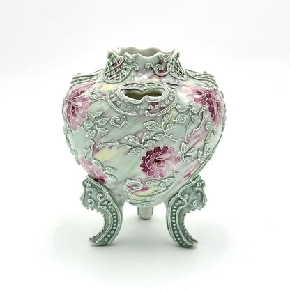 Nippon Moriage Style Mint Green And Pink Floral Tri Footed Vase