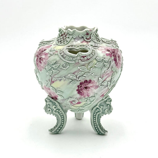 Nippon Moriage Style Mint Green And Pink Floral Tri Footed Vase