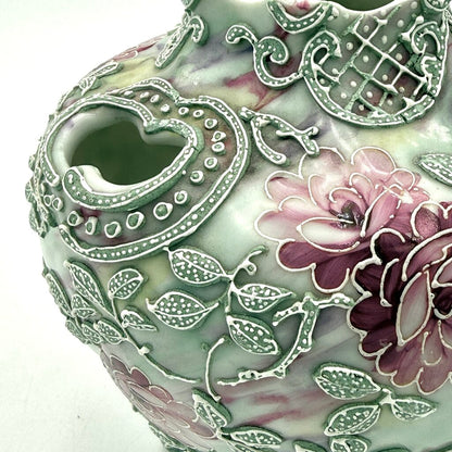 Nippon Moriage Style Mint Green And Pink Floral Tri Footed Vase