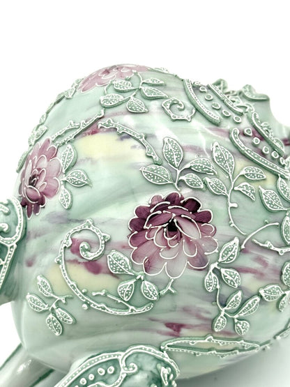 Nippon Moriage Style Mint Green And Pink Floral Tri Footed Vase