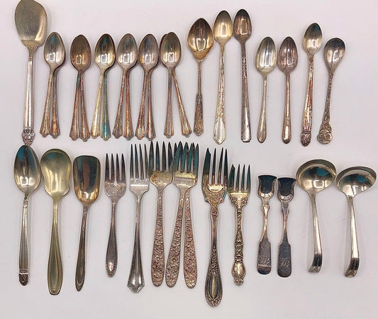 34pc Antique Assorted Ornate Silver Plate Spoons & Forks /b